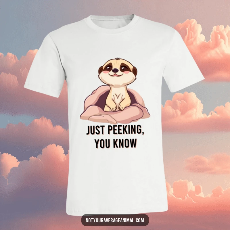 Funny meerkat t-shirt featuring a giggling character emerging from a burrow, showcasing its playful and cheerful nature.