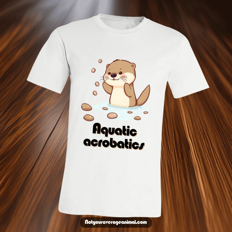 Funny Otter T-Shirt featuring a curious otter character juggling shiny pebbles dynamically in the water, showcasing skill.