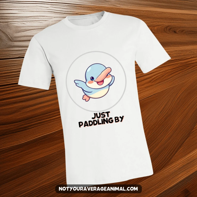 Funny t-shirt showcasing a goofy platypus character swimming gleefully with an infectious, wide smile.