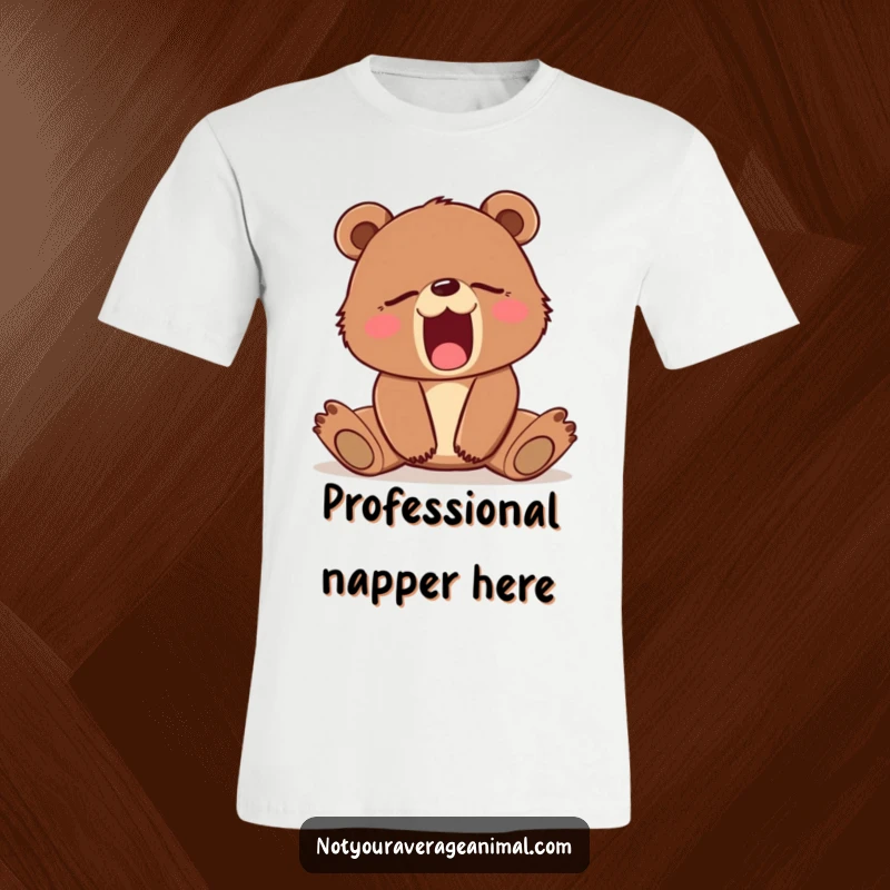 Funny t-shirt with a sleepy brown bear cub stretching and yawning adorably. Great for comfort and humor.