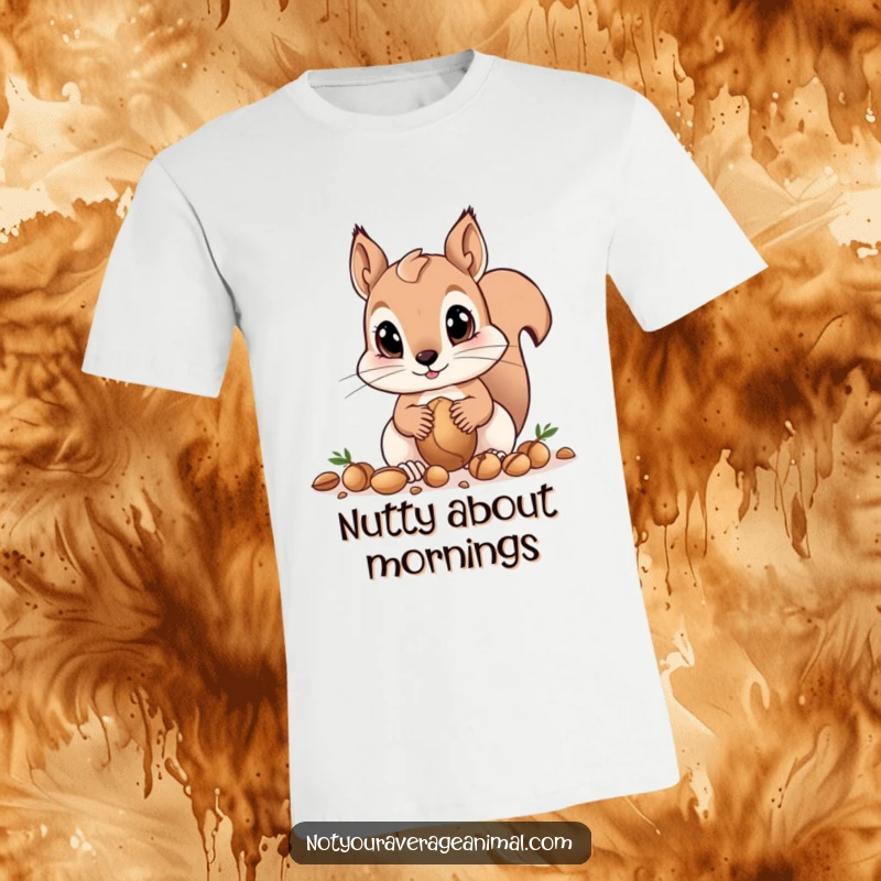 Funny squirrel t-shirt featuring a curious squirrel with big eyes gathering nuts, showcasing an adorable and humorous woodland character.