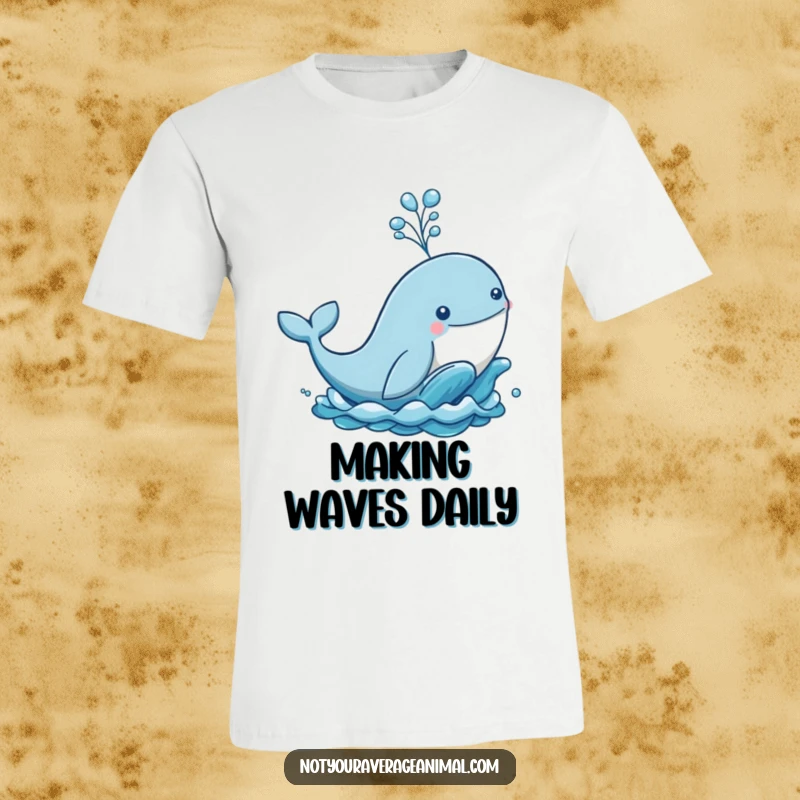 Funny t-shirt design of a dynamic whale breaching the ocean surface, creating a massive and playful water spout.