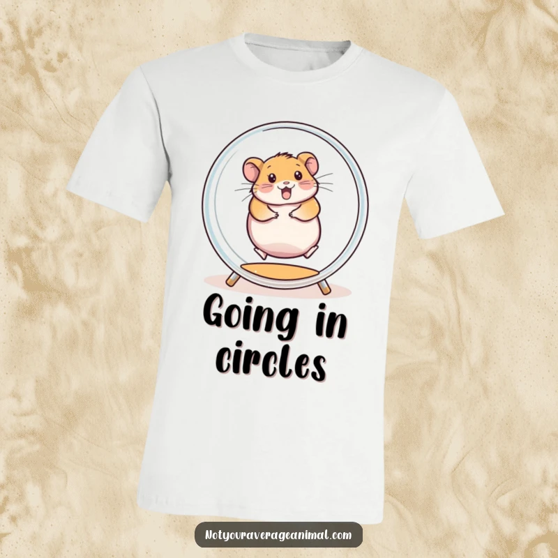 Funny t-shirt depicting a chubby hamster enthusiastically spinning inside a transparent exercise wheel, radiating pure, boundless energy.