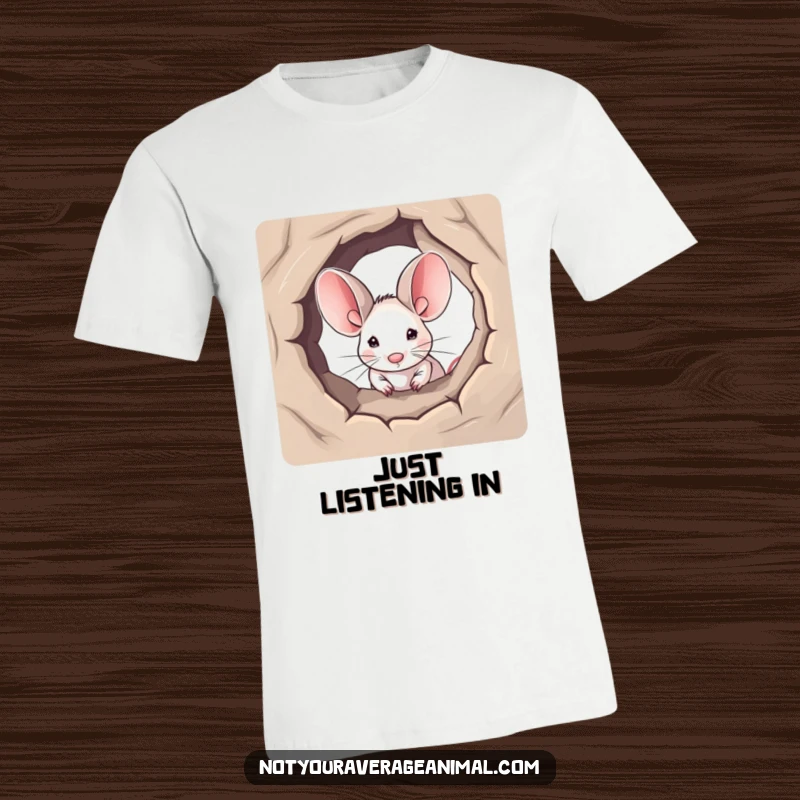 Funny t-shirt design of a small mouse with oversized ears peeking cautiously from a hole, conveying curiosity and charm.