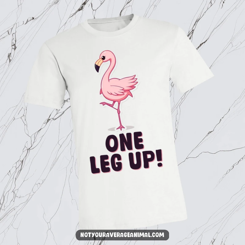 Funny flamingo character dancing with one leg raised on a t-shirt, ideal for a lively and humorous funny gift.