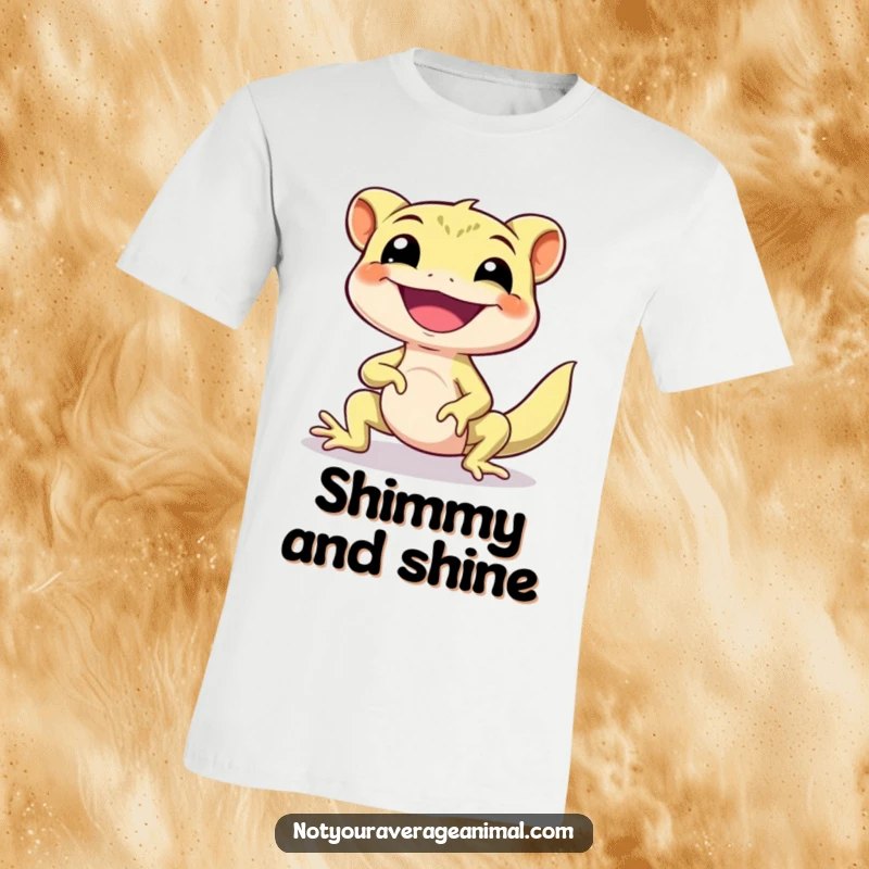 Funny Gecko T-Shirt showcasing a smiling gecko character performing an ecstatic happy little shimmy, radiating positive vibes.