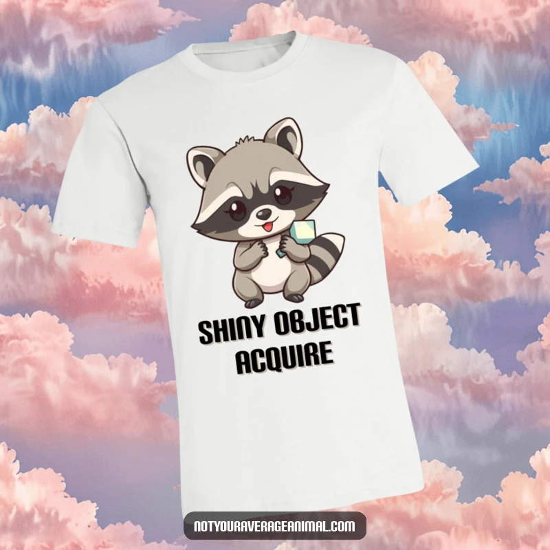Funny t-shirt showcasing a sly raccoon character proudly holding a sparkling shiny object, ready for adventure.