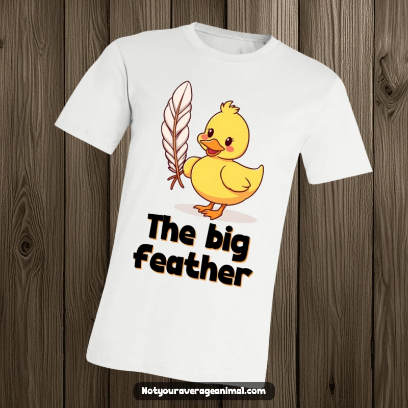 Funny cartoon duck t-shirt depicting a silly duck waddling with a giant feather, radiating quirky charm. A hilarious and fun tee.