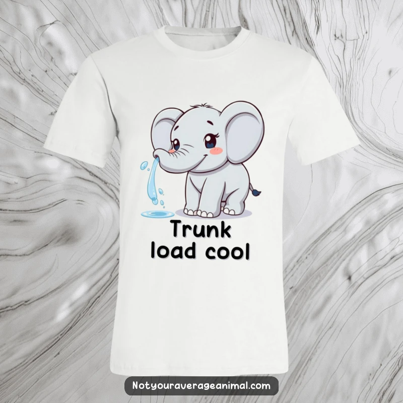 Funny elephant t-shirt depicting a friendly elephant joyfully spraying water from its happy trunk.