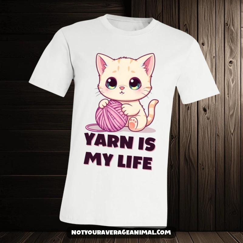 Funny t-shirt graphic of a cute cat with comically wide eyes, tangled up in a playful battle with a ball of yarn.