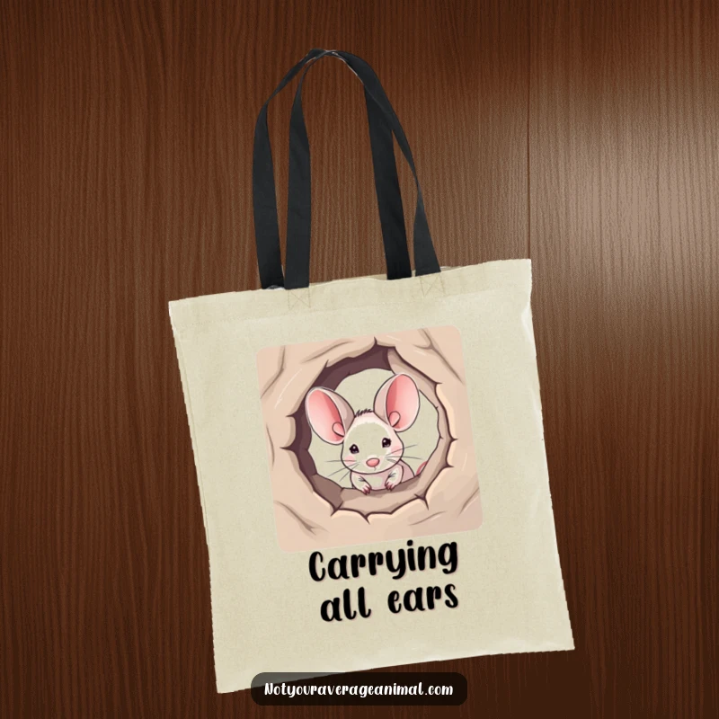 Funny tote bag design of a small mouse with prominent ears peeking curiously from a hidden spot, a charming and practical item.