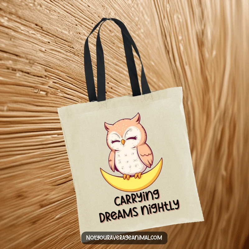 Funny Owl Moon Tote Bag: A contented owl blinks slowly, perched on a crescent moon, ready for your daily journeys.