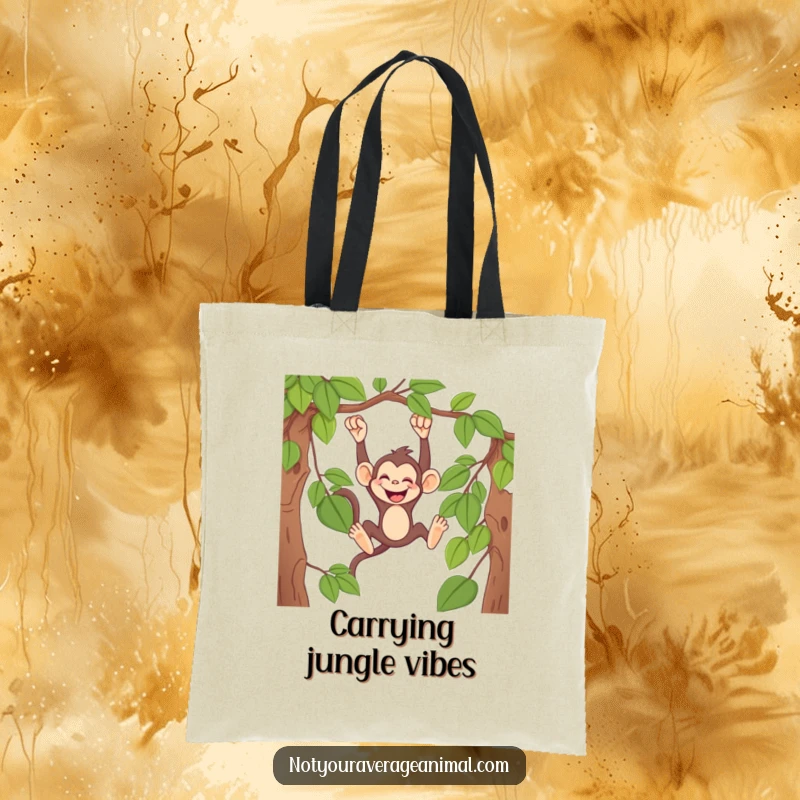 Funny monkey tote bag with a mischievous primate swinging from a vine, giggling heartily, perfect for carrying jungle treasures.