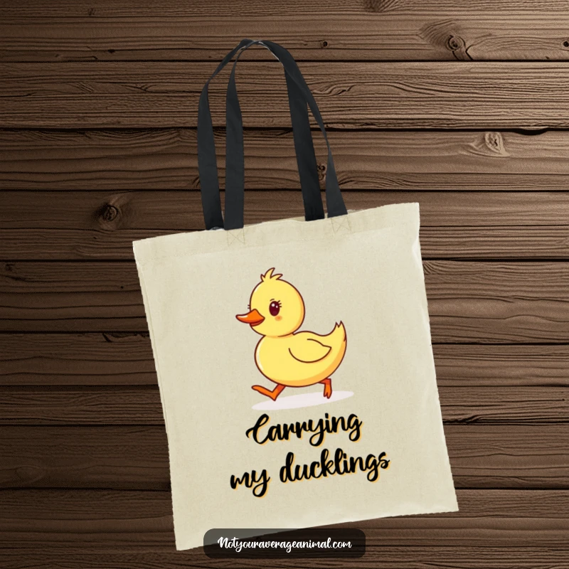 Funny Duckling Tote Bag showcasing a yellow duckling waddling with determined, happy steps, perfect for carrying daily items with flair.