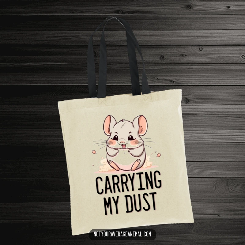 Funny tote bag: A happy chinchilla playfully rolls in a cloud of dust, looking incredibly pleased.
