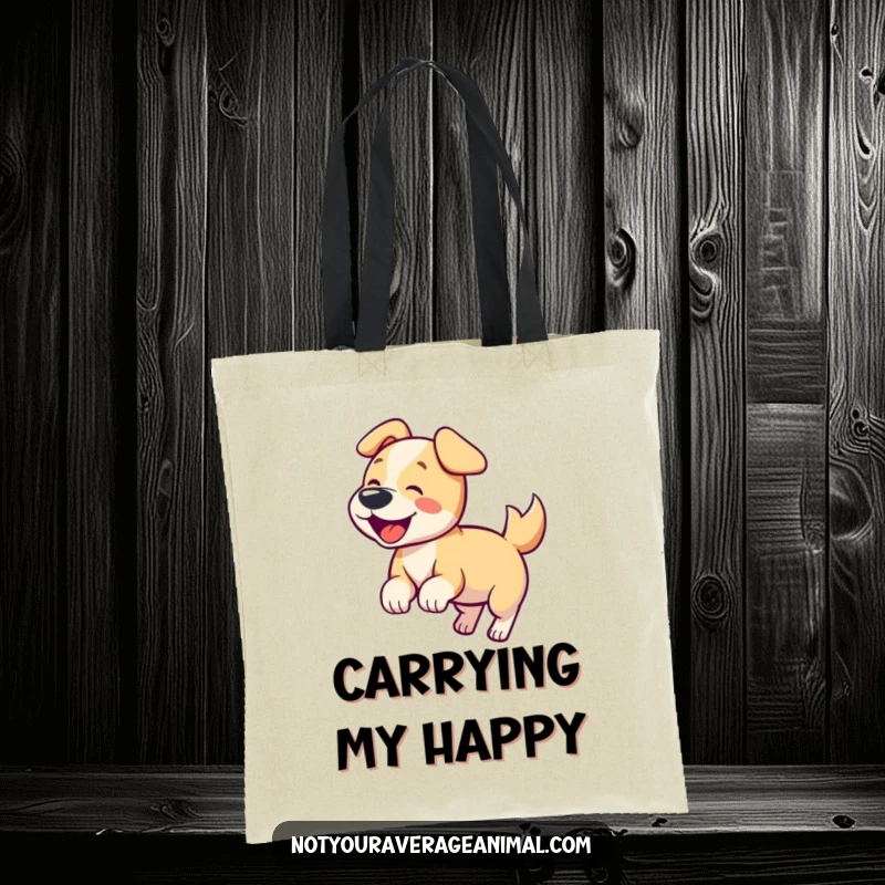 Funny dog tote bag featuring a happy dog wagging its tail and barking, ideal for carrying daily items.