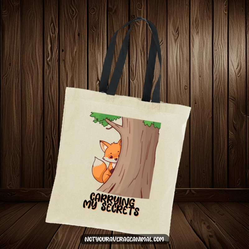 Funny fox tote bag featuring a bushy tail peeking playfully from behind a tree, a charming and humorous accessory for daily use.
