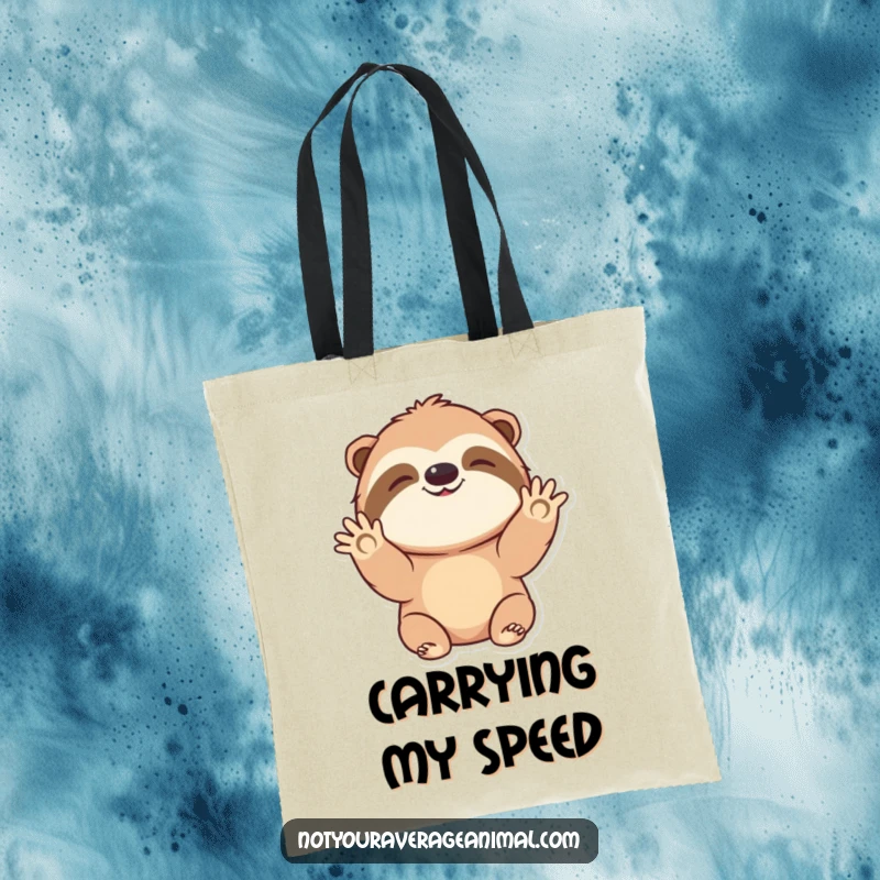 Funny tote bag designed with a happy sloth character cheerfully waving hello, perfect for errands and daily use.