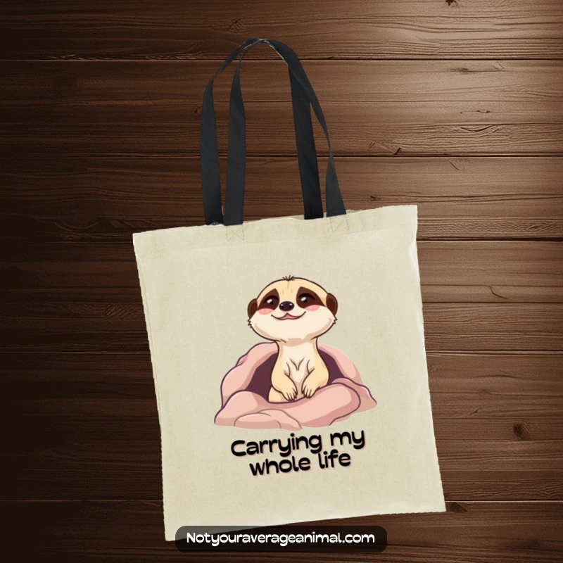 Funny meerkat tote bag featuring a giggling character popping its head out of a burrow, perfect for carrying daily items.