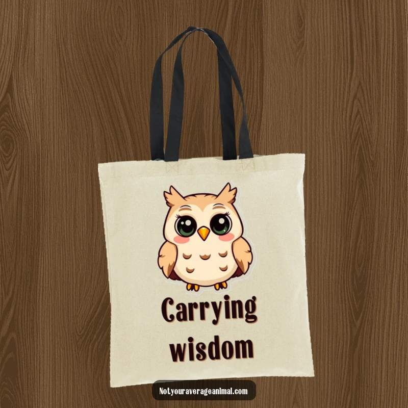 Funny tote bag showcasing a smiling owl with wide eyes, contentedly hooting, a symbol of calm wisdom.