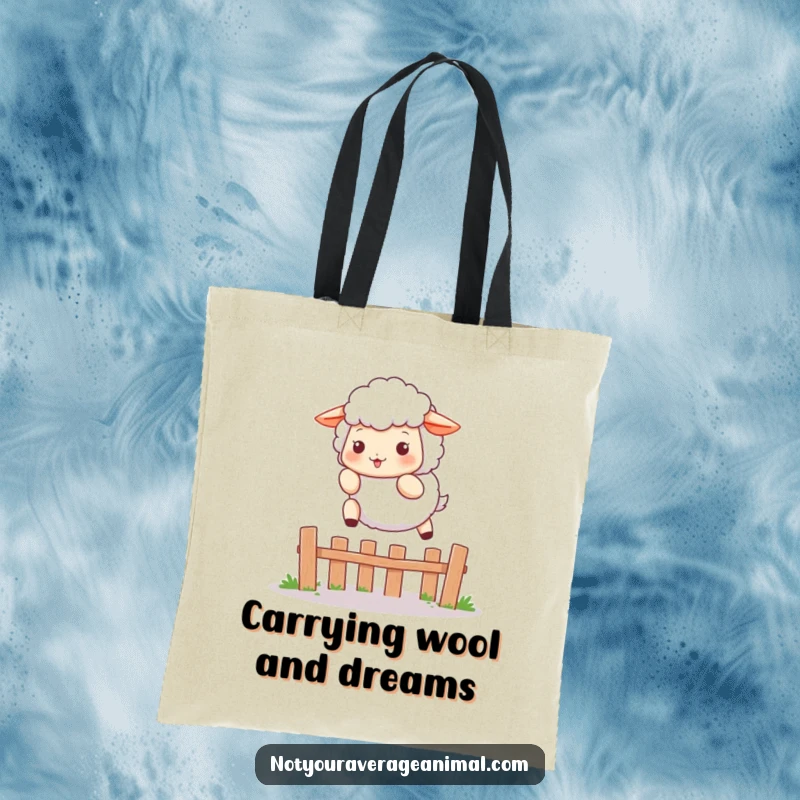 Funny tote bag featuring a fluffy sheep character playfully leaping over a small fence, ideal for carrying items with farmyard charm.