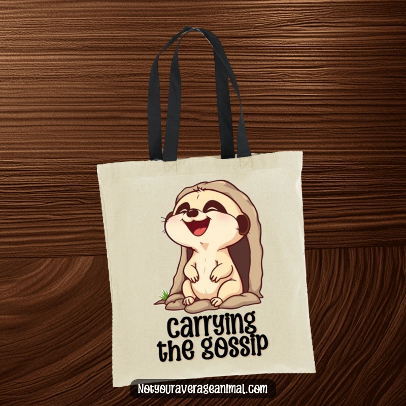 Funny laughing meerkat tote bag, showing a meerkat popping head out of burrow laughing, a humorous carry-all.