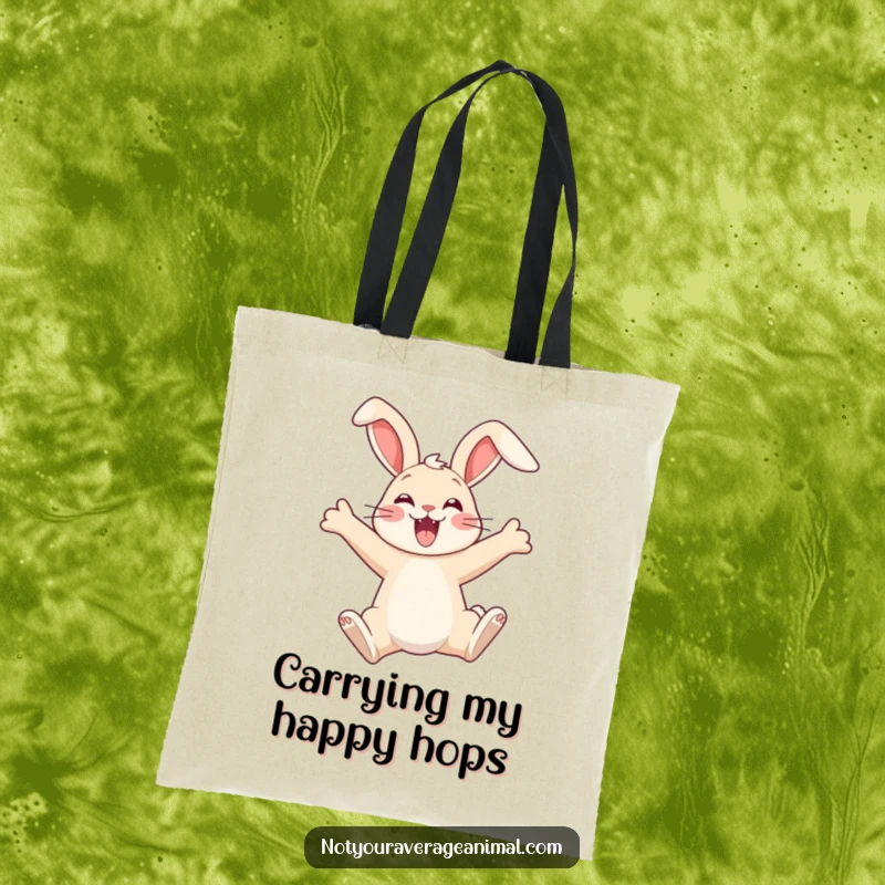 Funny tote bag depicting an ecstatic bunny leaping with ears flopped, perfect for carrying essentials with a dose of playful energy.
