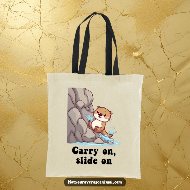 Funny tote bag: A joyous otter slides down a rocky slope, creating a fun splash.