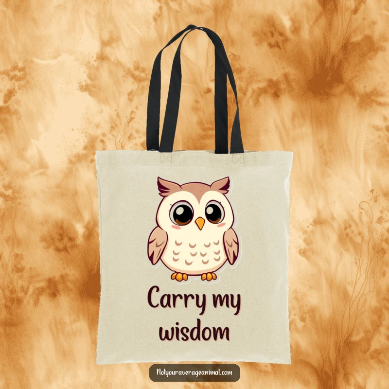 Funny owl tote bag with a smiling owl and large eyes, contentedly hooting, practical for carrying items.