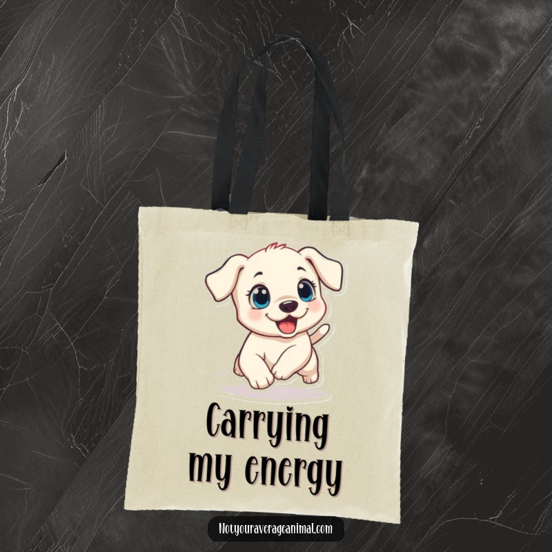 Funny puppy tote bag with a small dog with wide, excited eyes, hilariously chasing its own tail, perfect for everyday use.