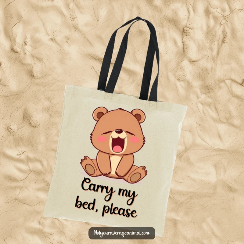 Funny tote bag illustrating a sleepy brown bear cub stretching with a wide yawn. Great for shopping and daily use.