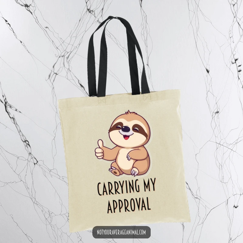 Funny sloth tote bag depicting a delighted character offering a slow thumbs-up, great for stylish, humorous shoppers.