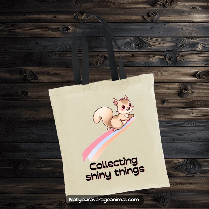 Funny squirrel tote bag with a mischievous squirrel sliding down a rainbow, ideal for carrying items with whimsical flair.