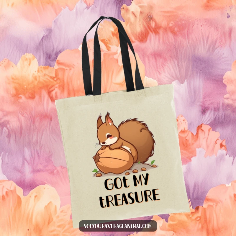 Funny tote bag with a cheerful squirrel and its bushy tail attempting to bury an oversized nut, a humorous shopping companion.