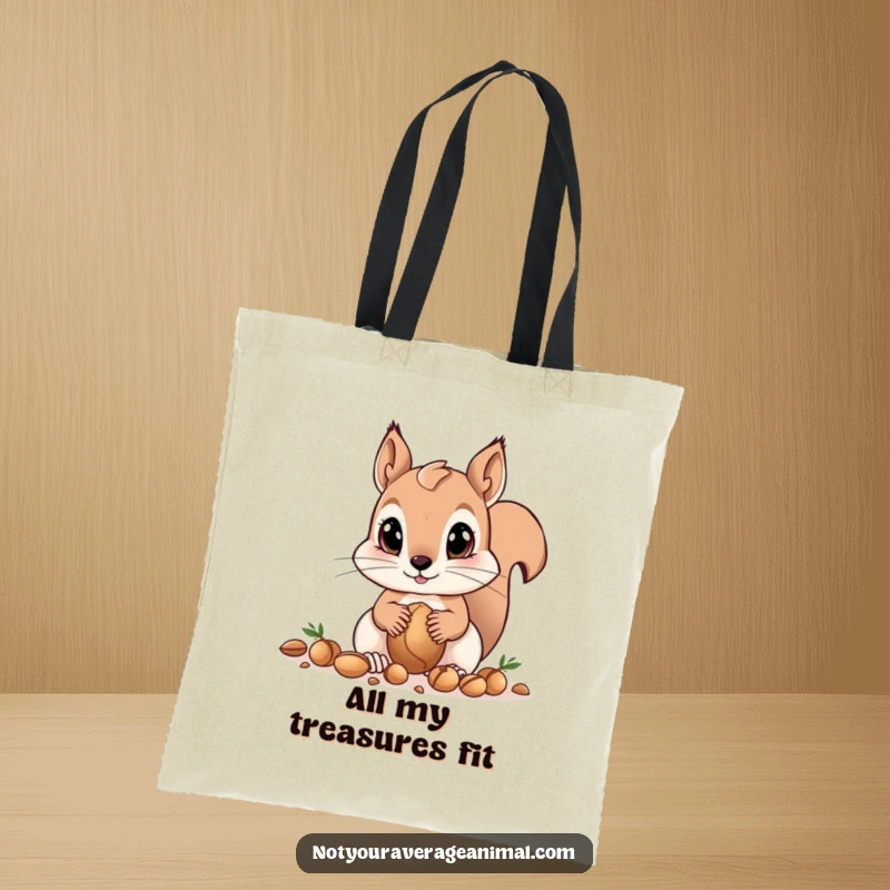 Funny squirrel tote bag featuring a curious squirrel with big eyes gathering nuts, a charming and humorous accessory for daily errands.