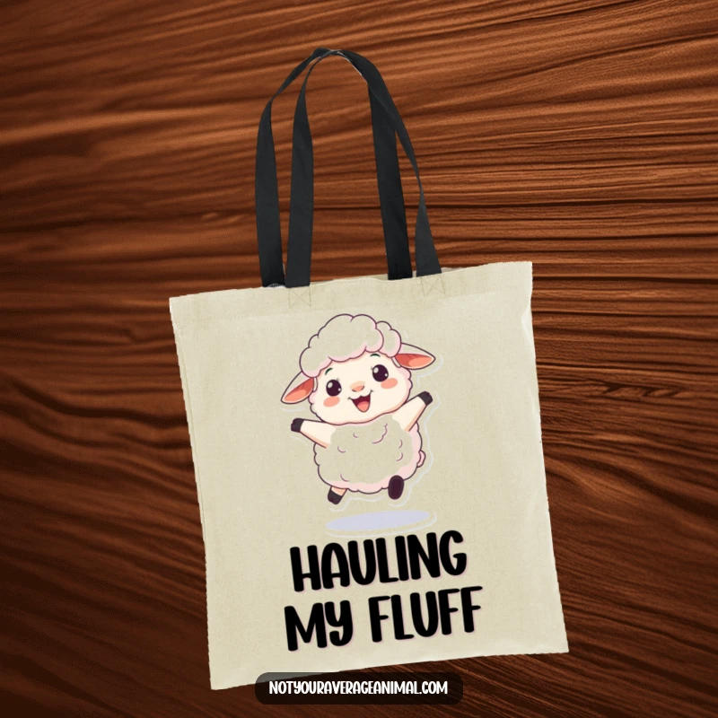 Funny tote bag showcasing a fluffy sheep character playfully bouncing with a wide, woolly grin, perfect for a cheerful and practical gift.